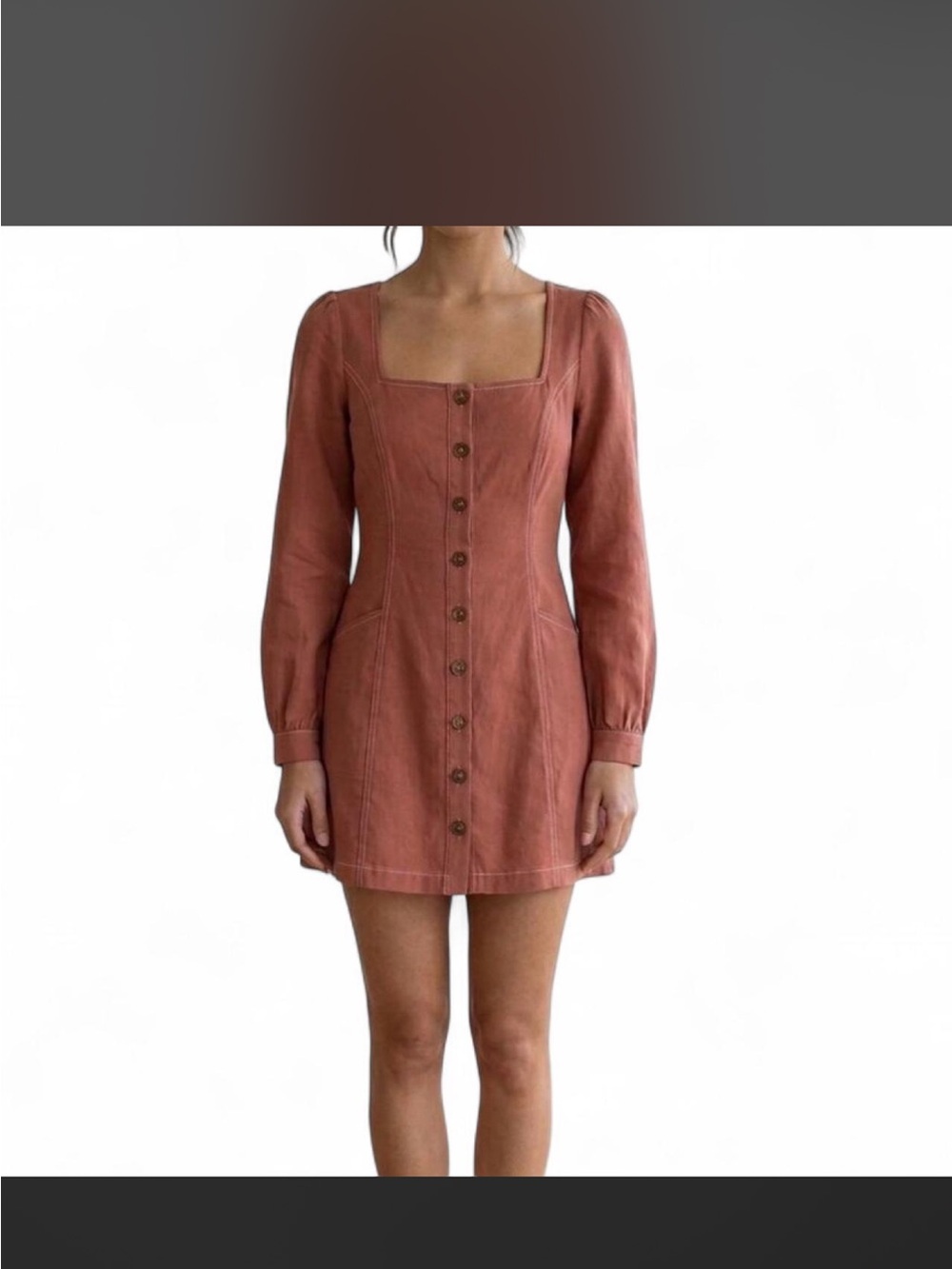 D.Ark Square-Neck Button-Front Mini Dress in Terra-cotta